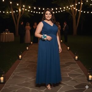 Azazie Women's Dress Plus Size 24 Teal  Long Blue A-line Pleated Sleeveless 0572